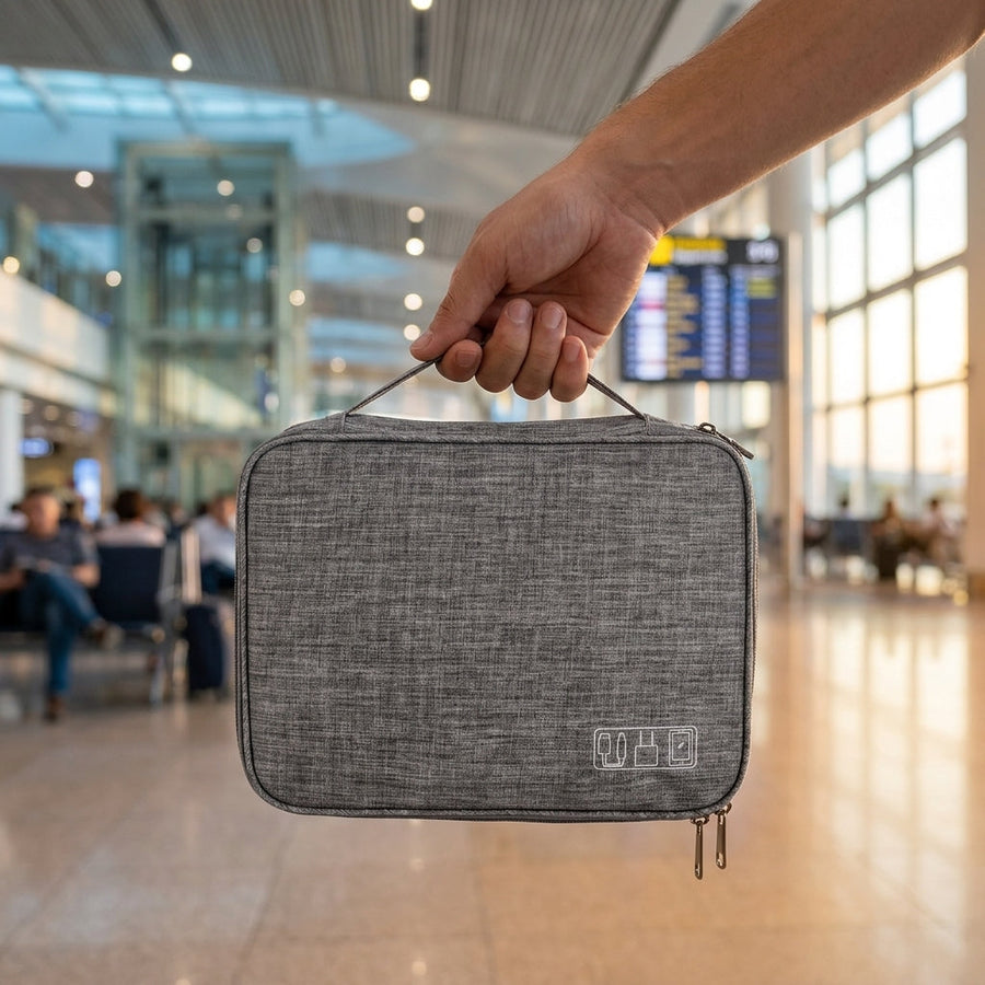 Closed grey cable organiser bag carried by its top handle