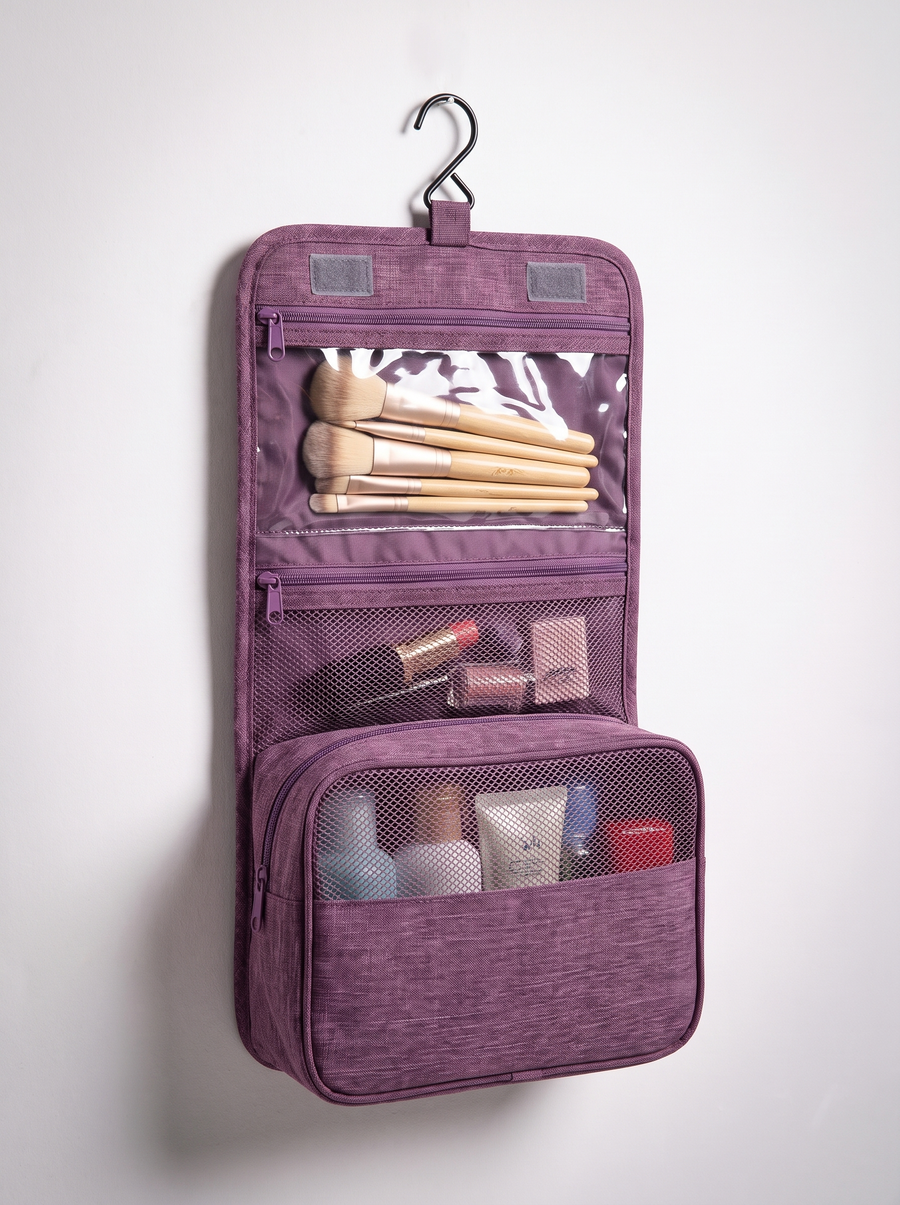 Toiletry bag hung open on a bathroom door, compartments full