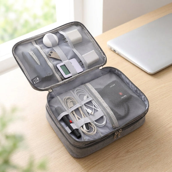 Grey three-layer cable organiser bag open on a desk, cables in the lid loops