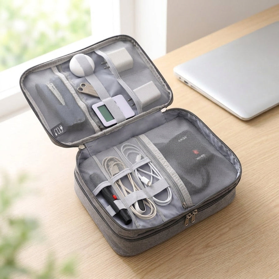 Grey three-layer cable organiser bag open on a desk, cables in the lid loops