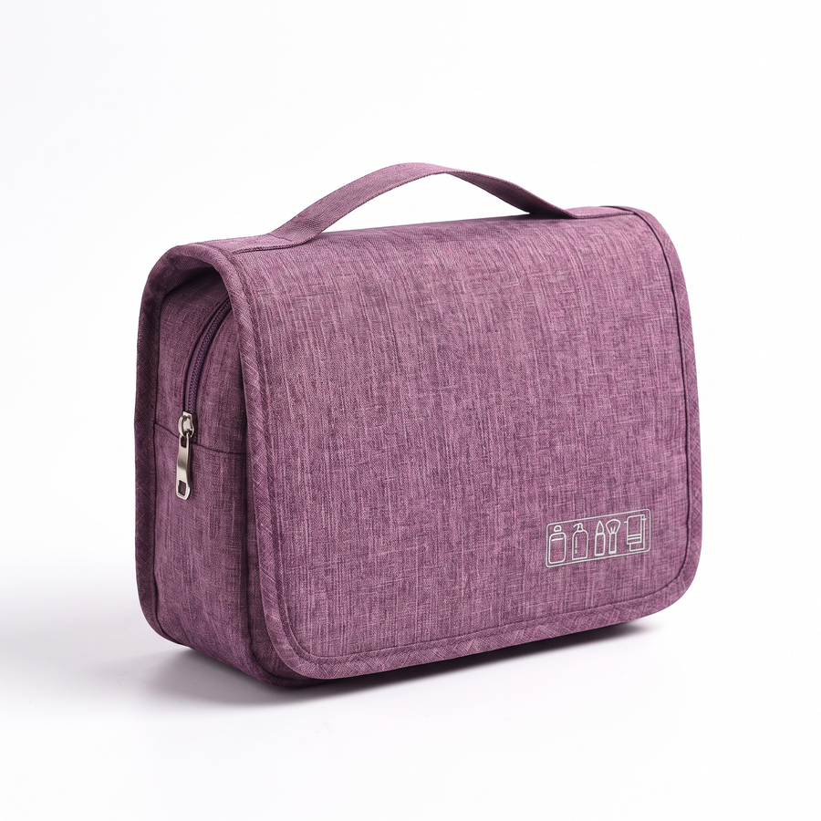 Purple hanging travel toiletry bag, closed, front view