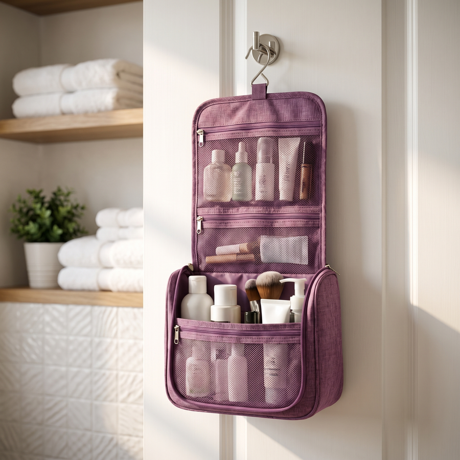Hanging travel toiletry bag hanging open on a bathroom door, room scene