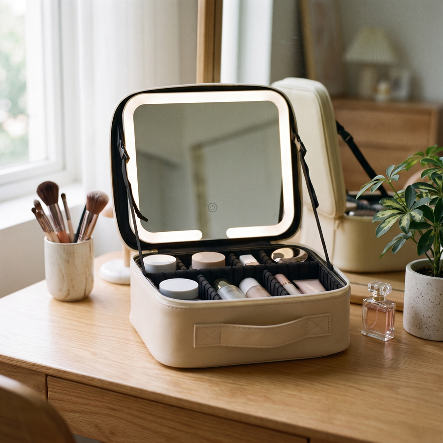 LED lighted travel makeup case open on a bedroom vanity, mirror glowing