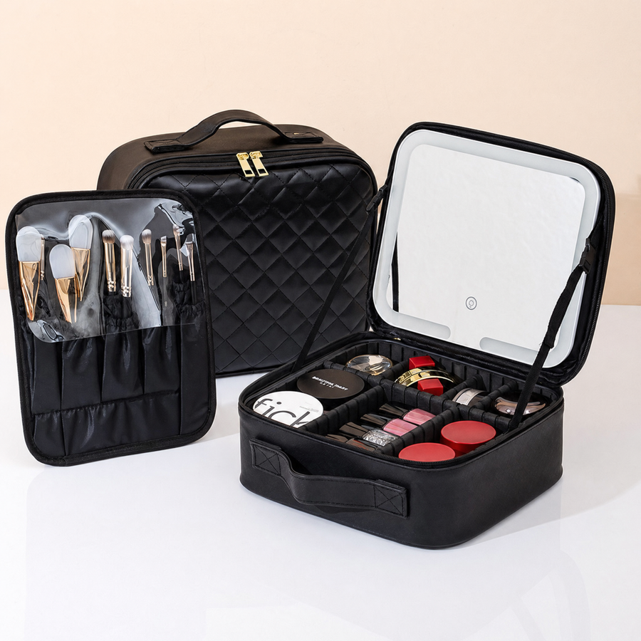 LED Makeup Case, Black, with brush pouch
