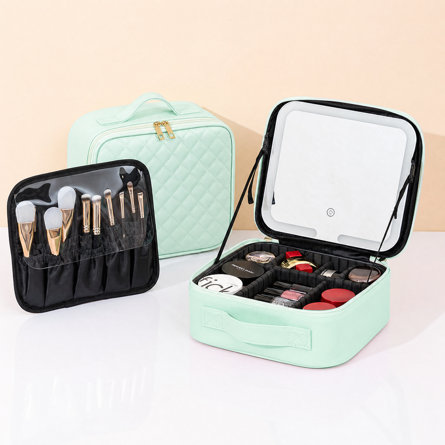 LED Makeup Case, Fruit Green, with brush pouch