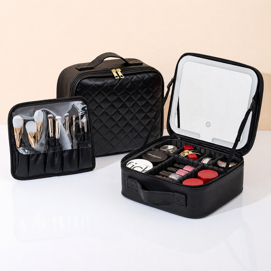 LED Makeup Case, Herringbone Black, with brush pouch