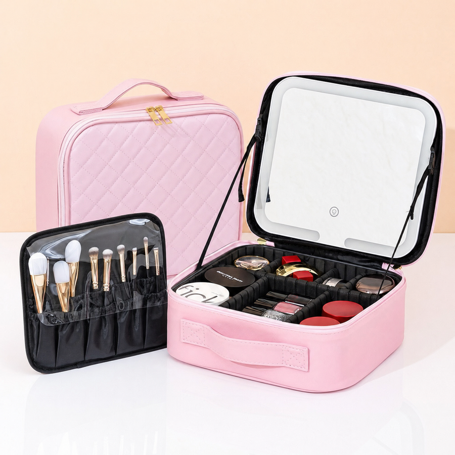 LED Makeup Case, Herringbone Pink, with brush pouch