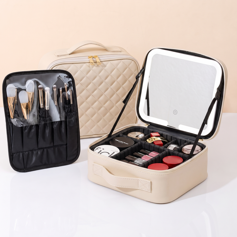 LED Makeup Case, Beige, with brush pouch