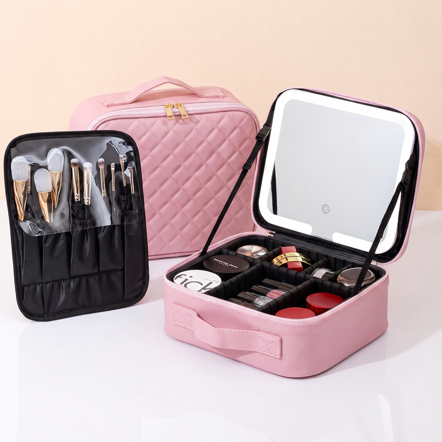 LED Makeup Case, Pink, with brush pouch