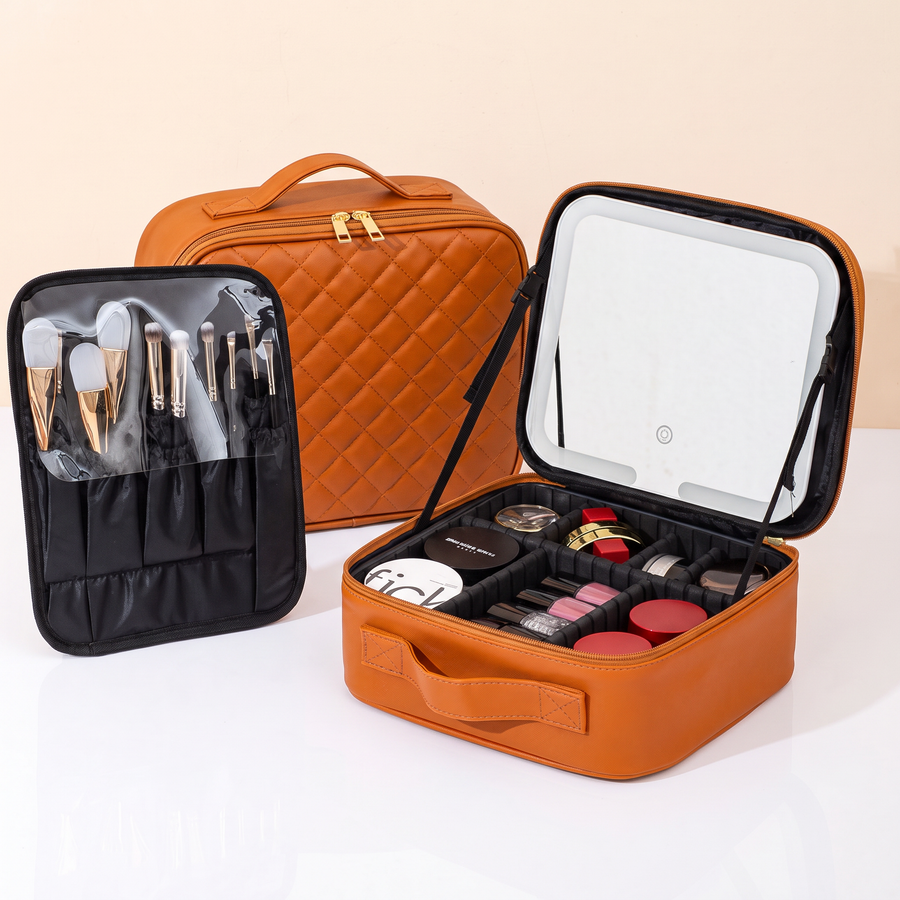 LED Makeup Case, Brown, with brush pouch