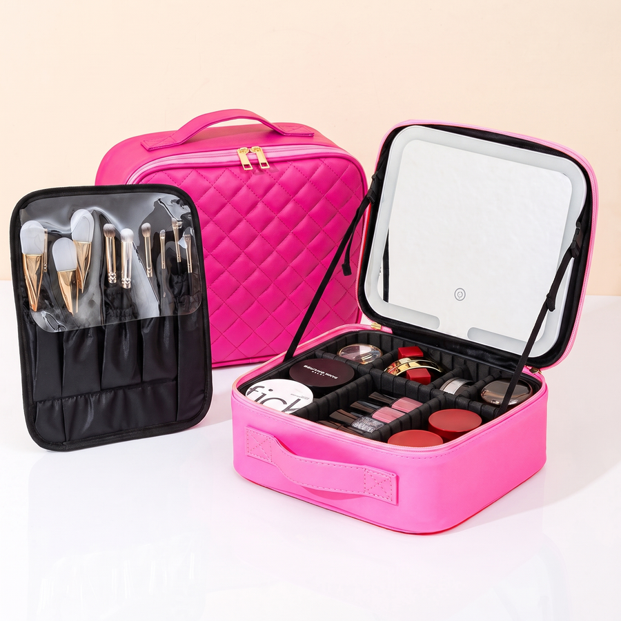 LED Makeup Case, Rose Red, with brush pouch