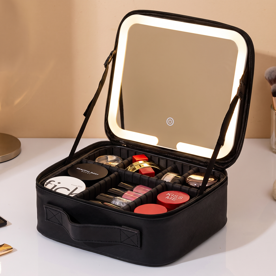 LED Makeup Case, Black, LED mirror close-up