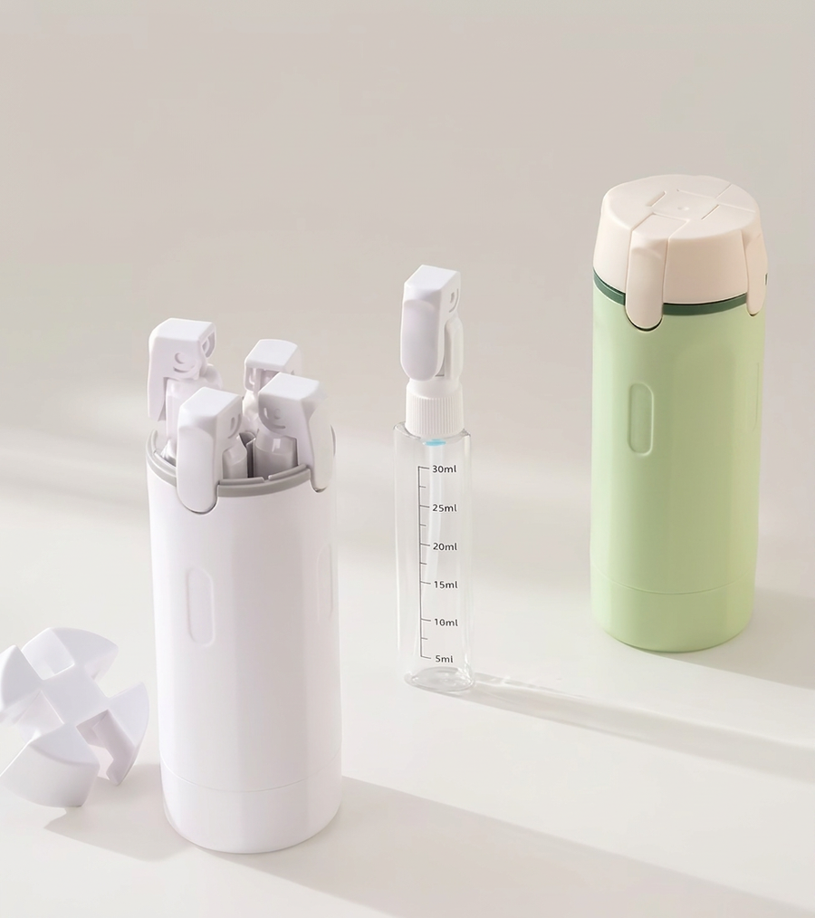Foldable leakproof pump head on a Tripstash travel bottle compartment