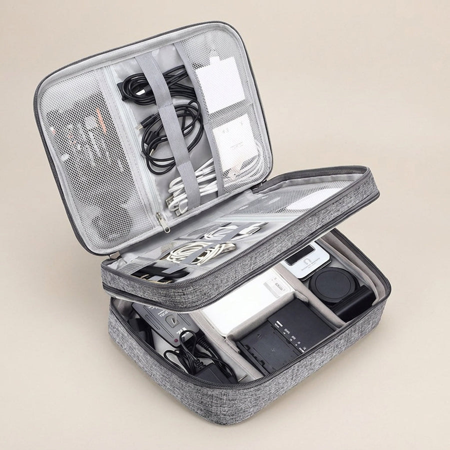 The cable organiser's three layers: mesh-loop lid, middle mesh divider, padded base