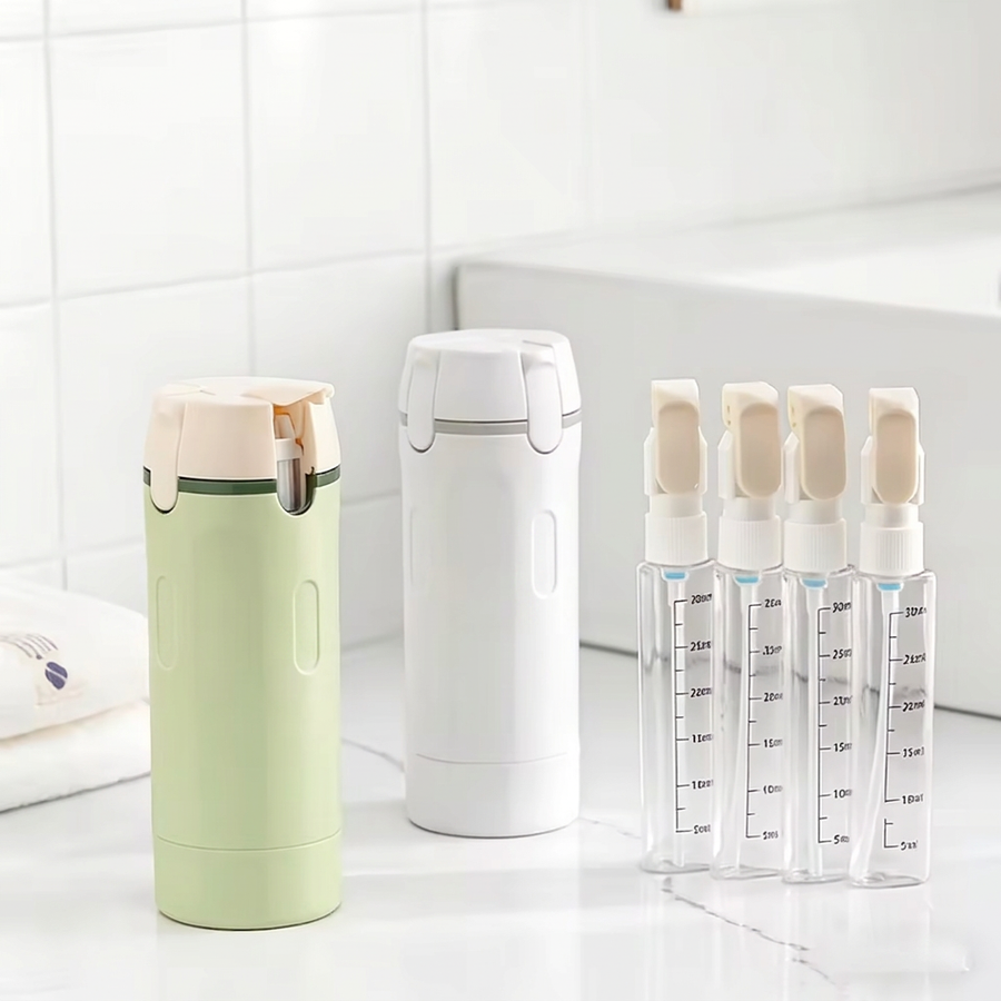 Tripstash 4-in-1 travel bottle disassembled showing four detachable inner bottles with pump heads
