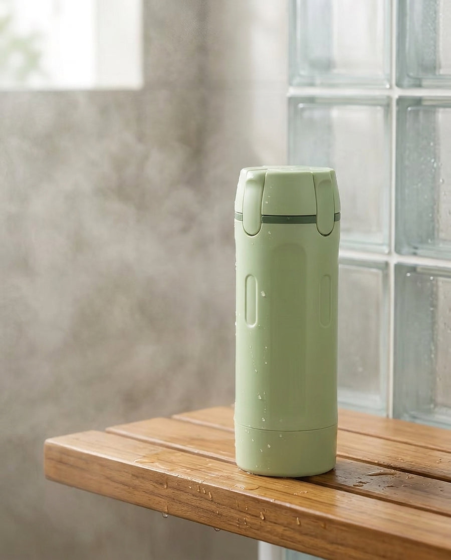 Tripstash 4-in-1 travel bottle on a hotel bathroom counter ready for use
