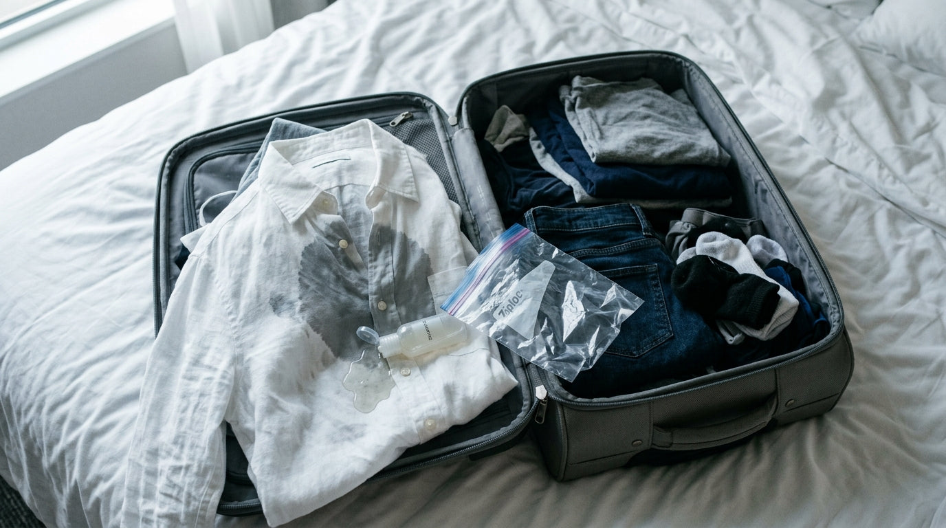 Open suitcase with a shampoo stained white shirt and a leaking travel bottle