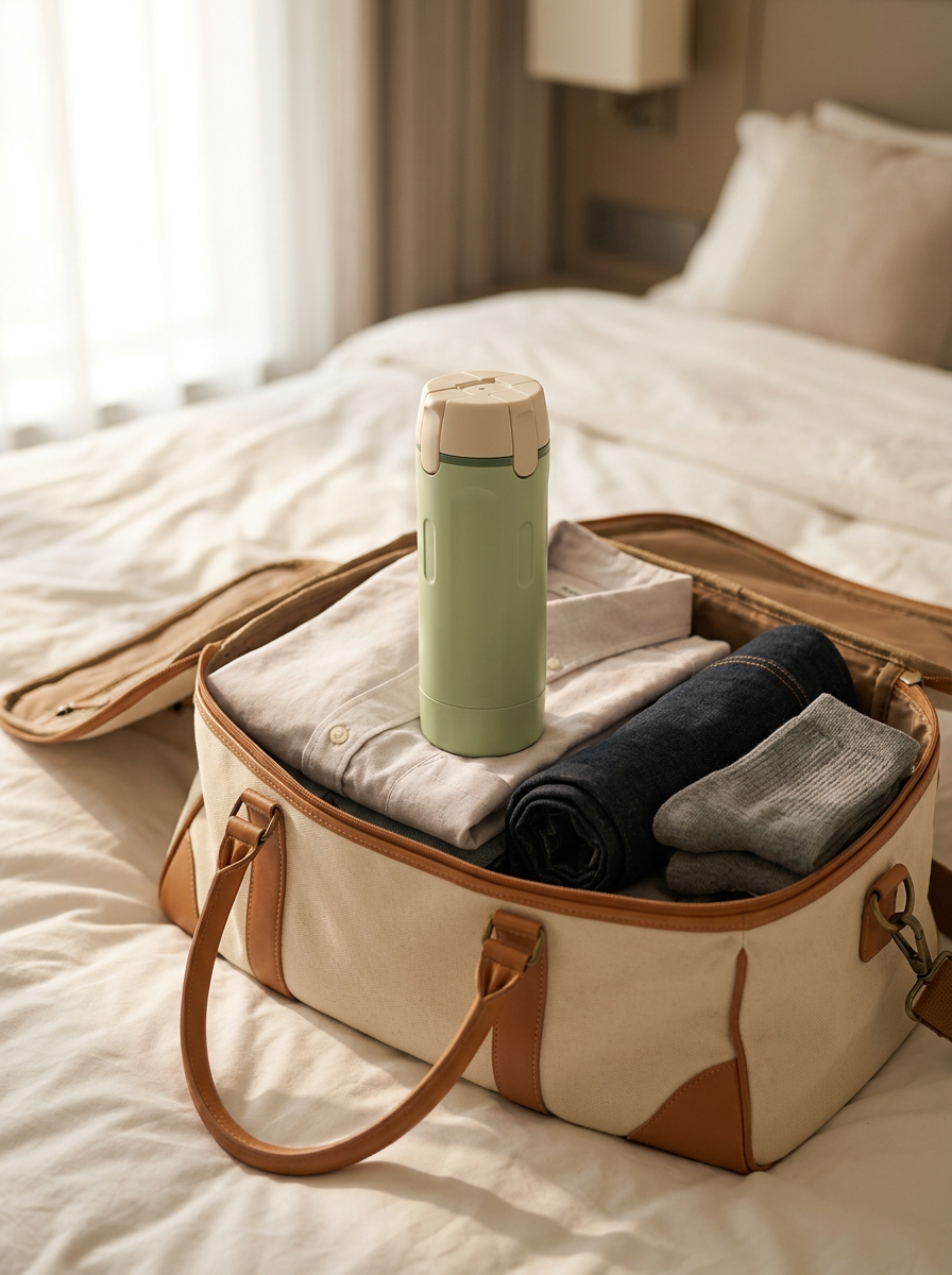 Sage Tripstash bottle in an open weekend carry on bag on a hotel bed