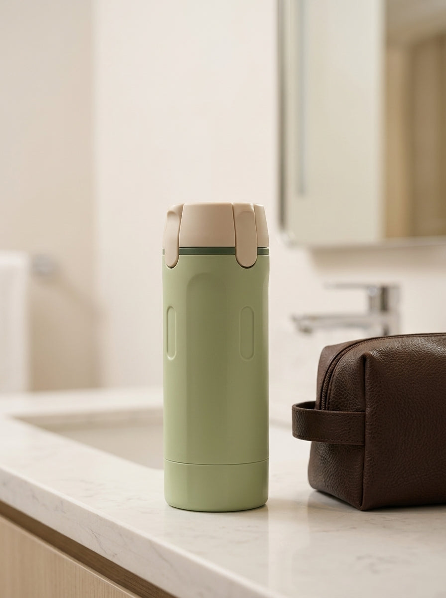 Sage Tripstash bottle on a marble hotel bathroom counter next to a leather toiletry bag