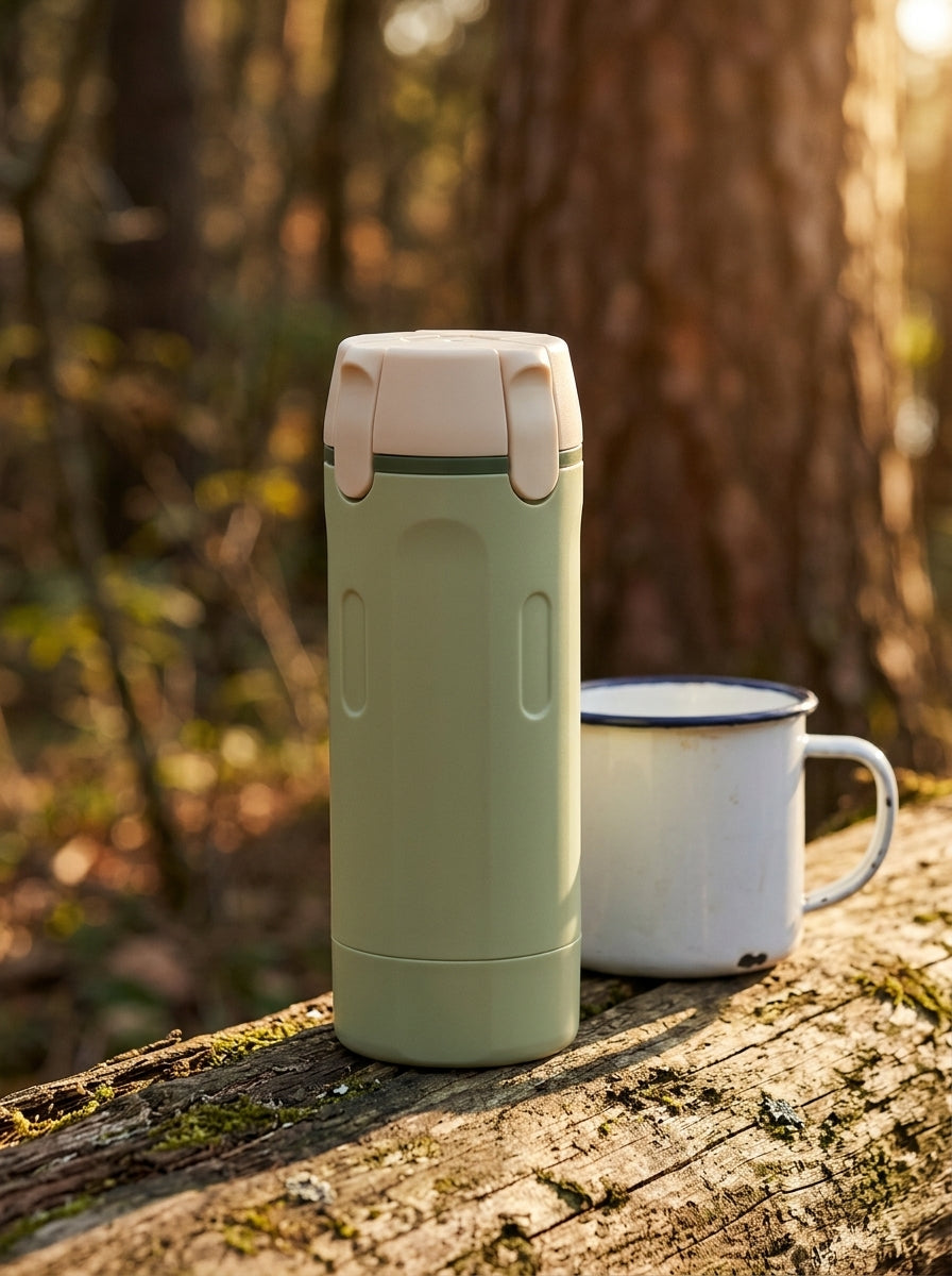 Sage Tripstash bottle on a mossy fallen log beside a white and navy enamel camping mug in golden hour forest light