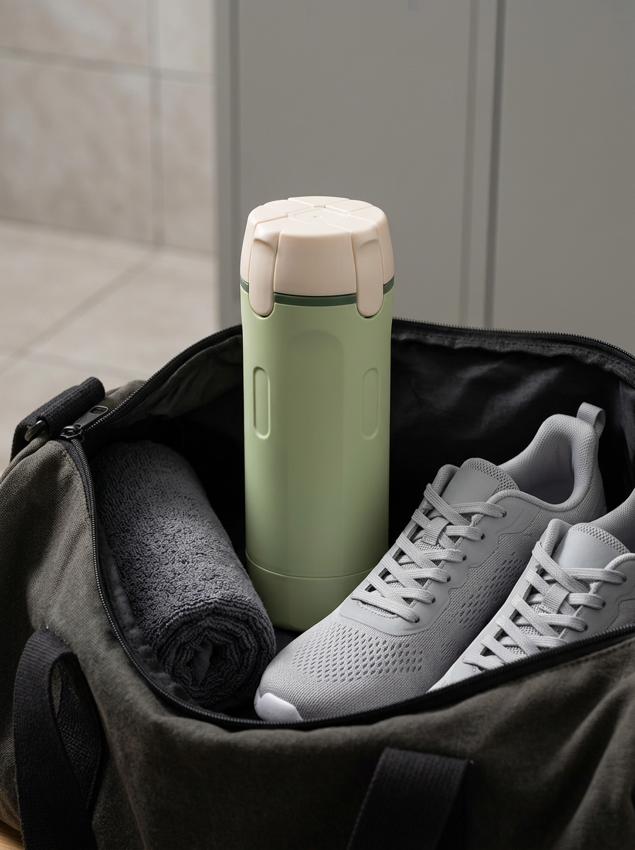 Sage Tripstash bottle inside an open canvas gym duffel next to grey running trainers