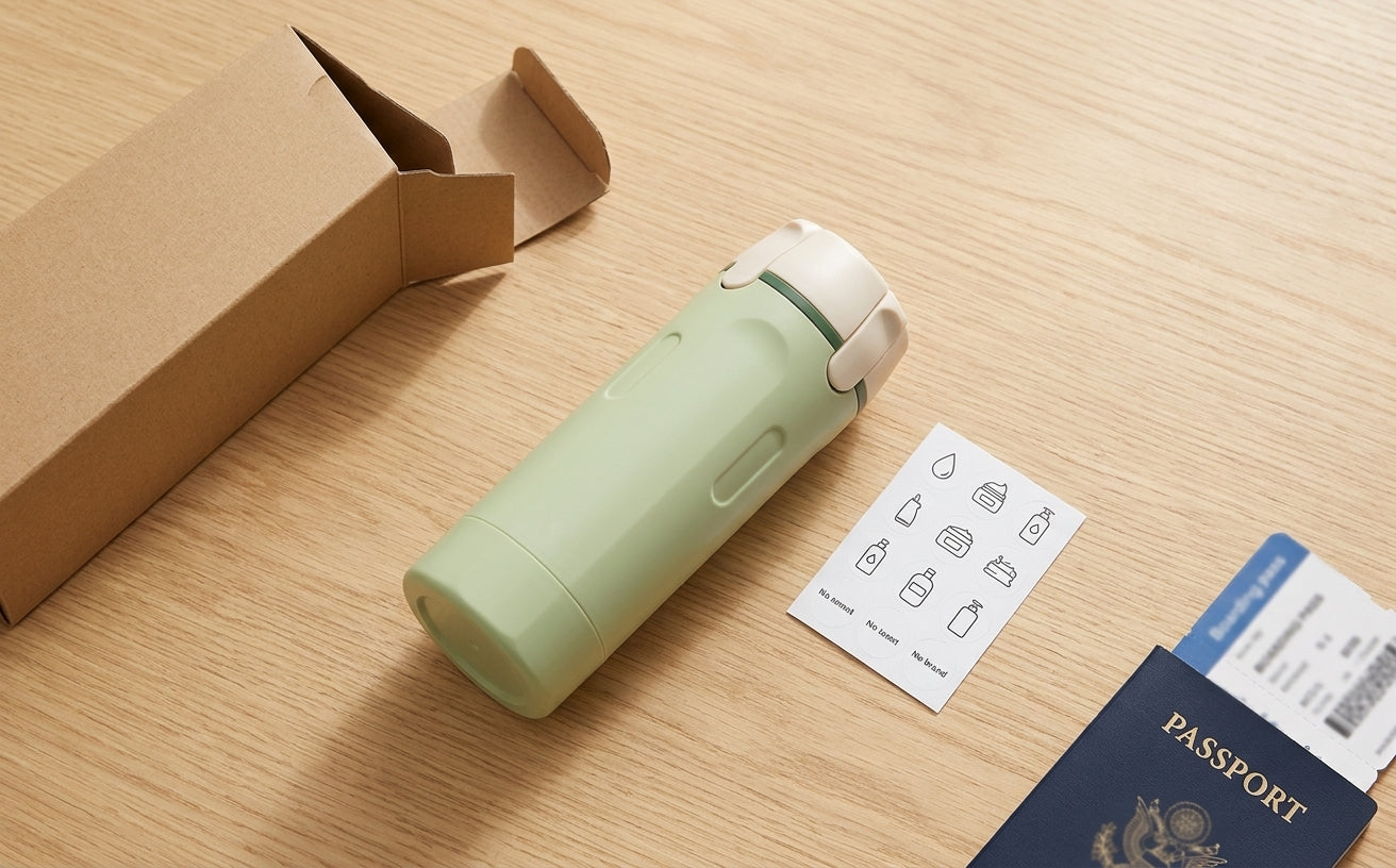 Top down flat lay of a sage Tripstash bottle, kraft box, label sticker sheet, and a passport with boarding pass on a wood desk
