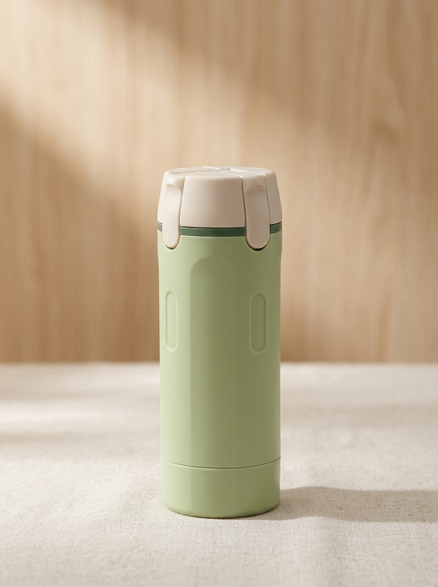 Sage green Tripstash 4 in 1 travel bottle on soft linen with warm pale wood behind