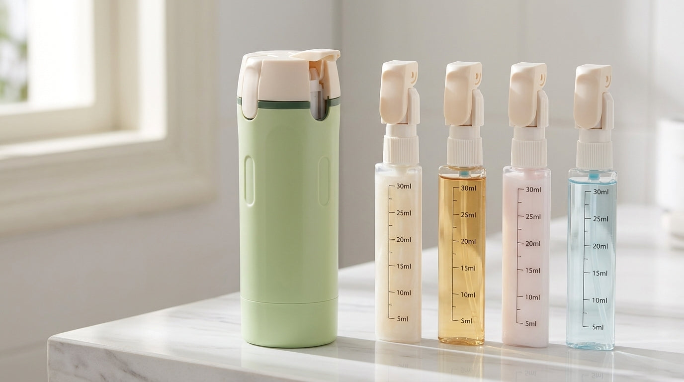 Sage green Tripstash bottle on a marble bathroom counter with four clear inner bottles holding shampoo, body wash, lotion, and toner