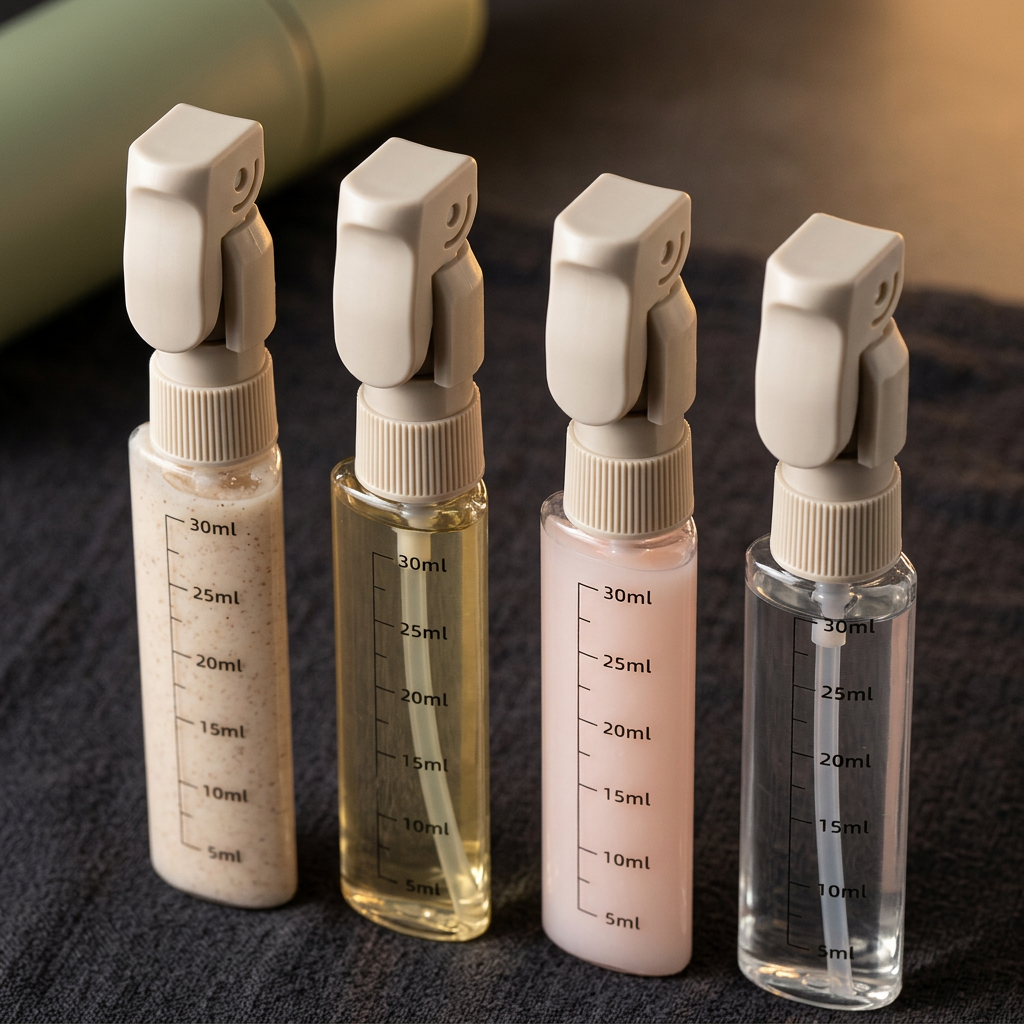 Four Tripstash clear inner bottles with cream pump heads standing in a row on dark charcoal fabric