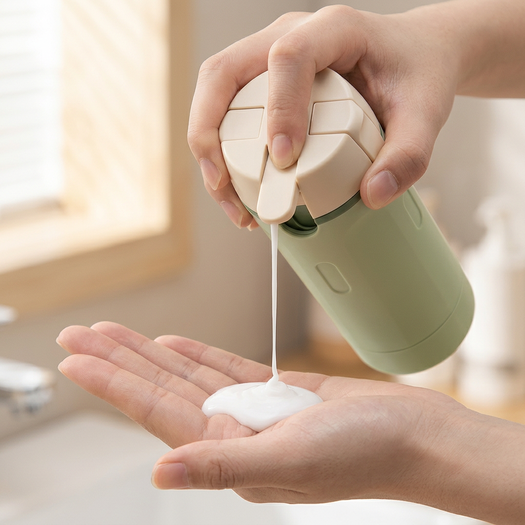 Hand on top of the sage green Tripstash outer shell, index finger pressing the pump, cream liquid dispensing onto the open palm below