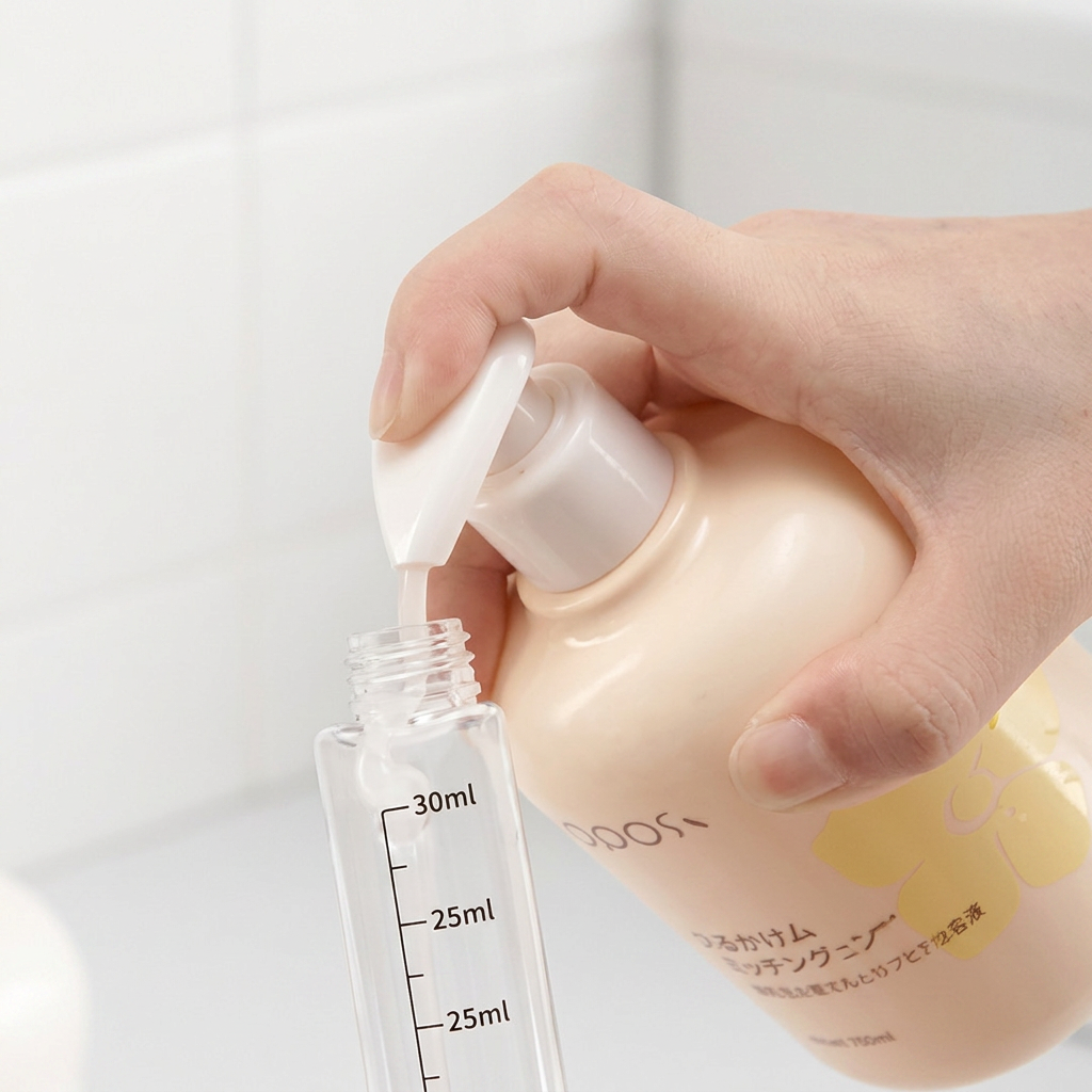 Hand pouring product from a full size bottle into a clear inner container with scale markings