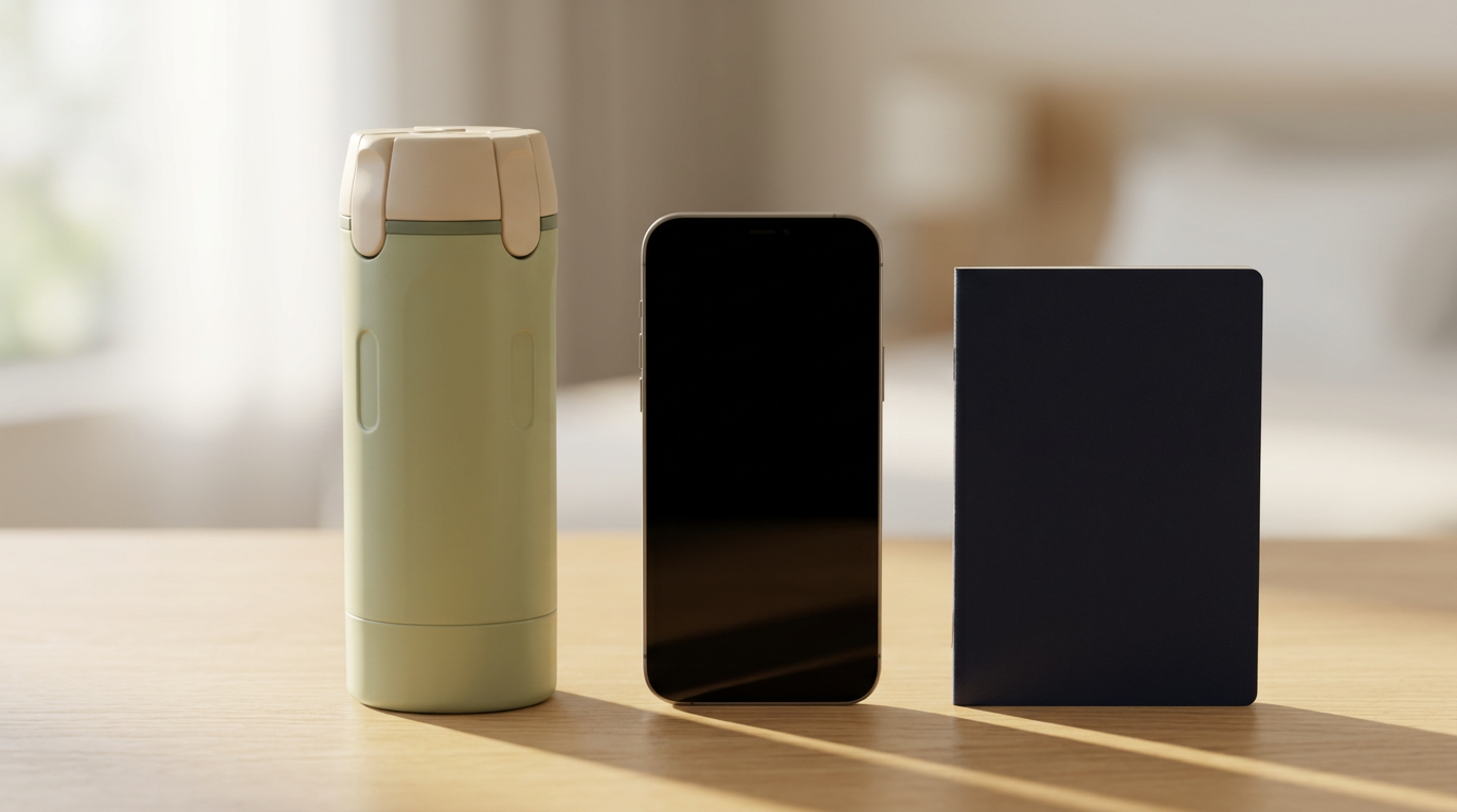 Sage green Tripstash bottle next to a smartphone and a closed passport on a wood desk