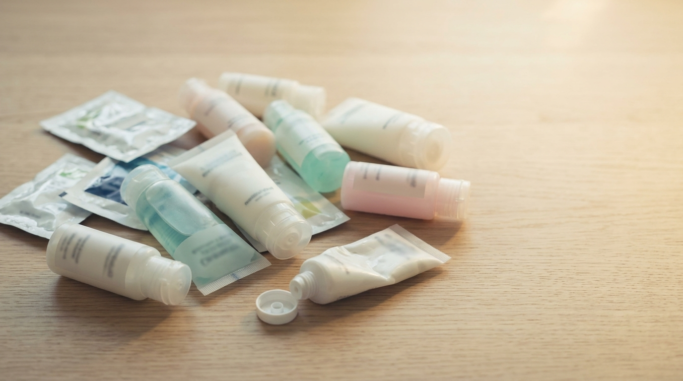 Pile of crumpled plastic hotel miniatures on a wood surface