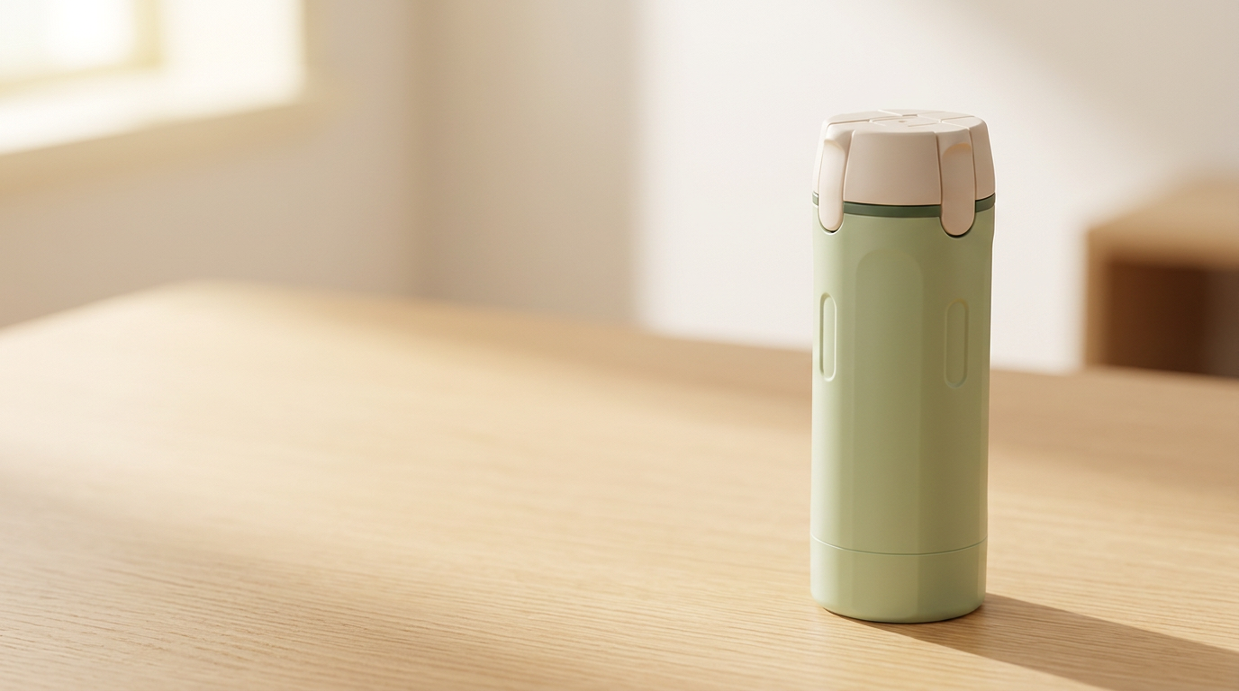 Single sage green Tripstash bottle on the same wood surface